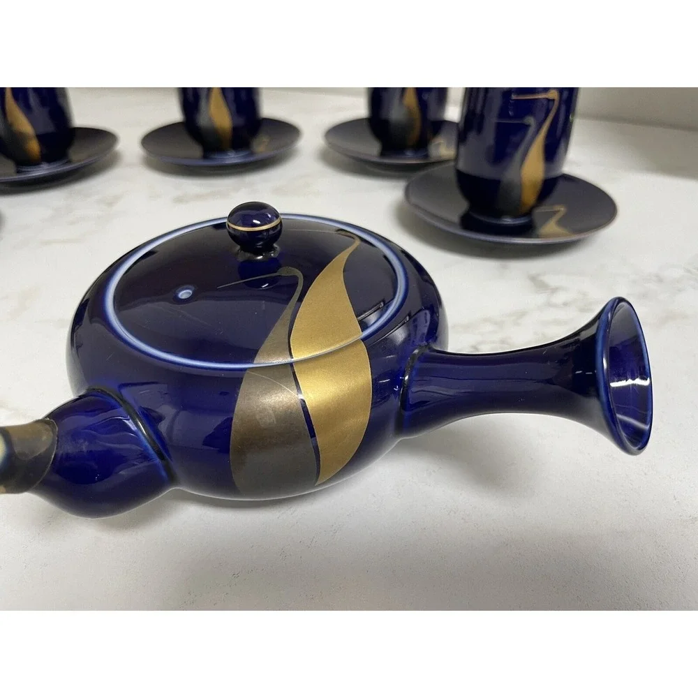 Vintage  Fukagawa Arita Cobalt Blue Gold Cranes Teapot 5 Cups/5 Sm Plates‎